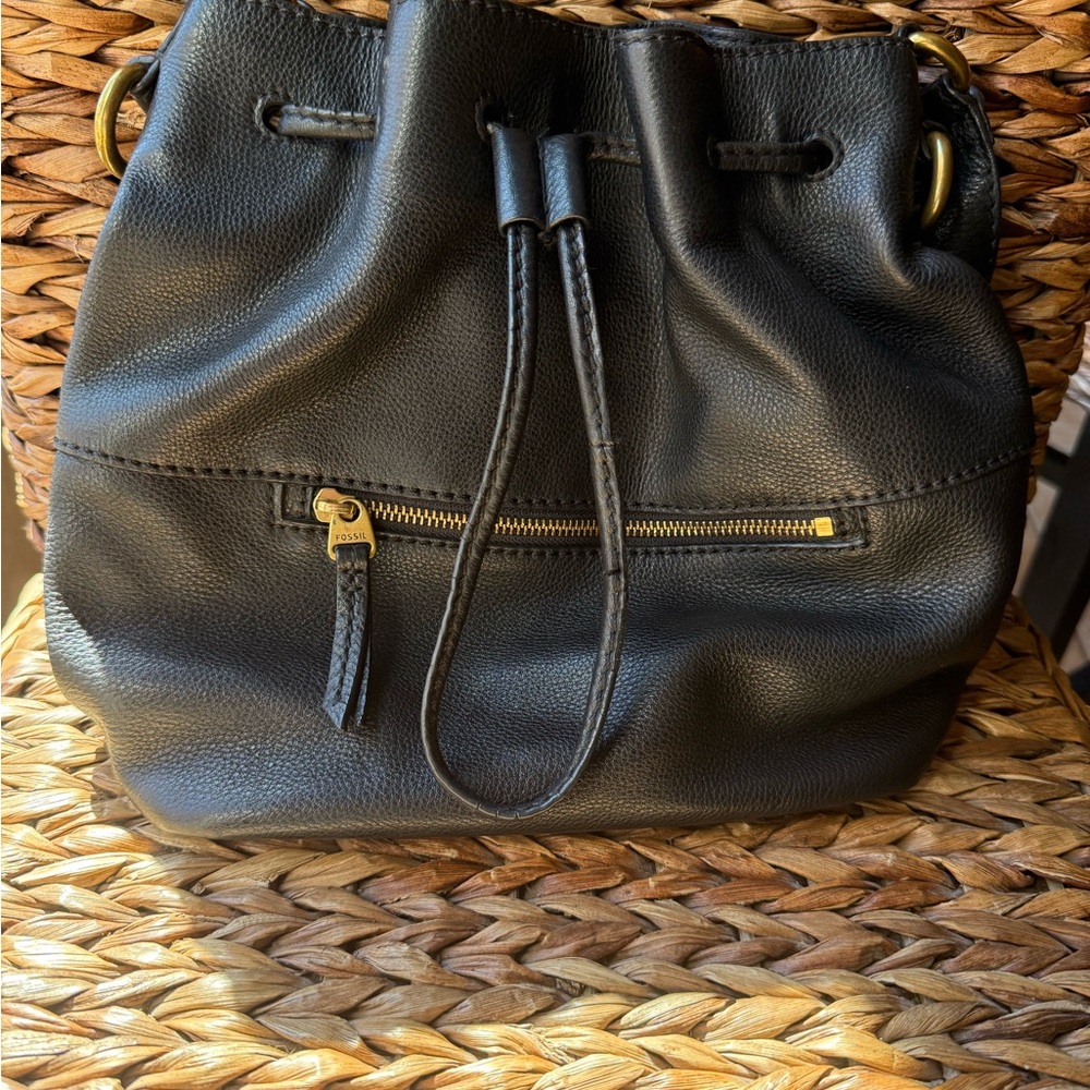 Elegant Fossel Black Leather Shoulder Drawstring Bag